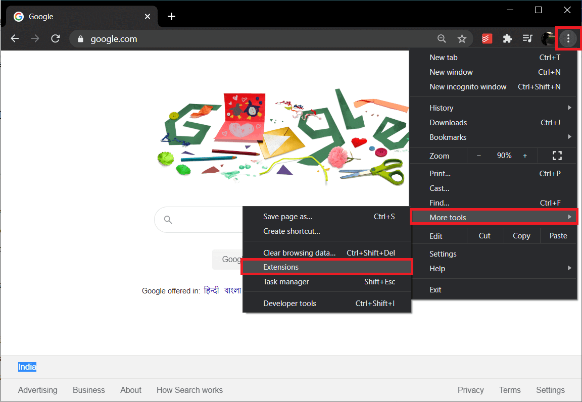 Hover your mouse over More Tools. Click on Extensions | Fix Chrome not Connecting to the Internet