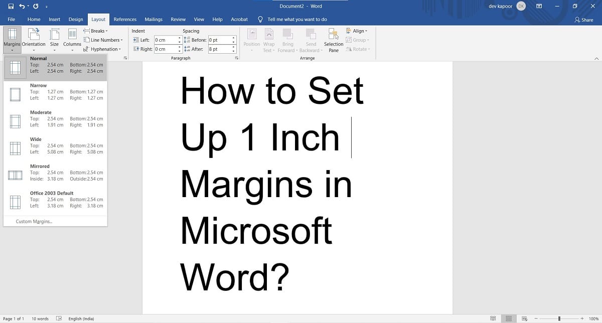 Hoe u marges van 1 inch instelt in Microsoft Word