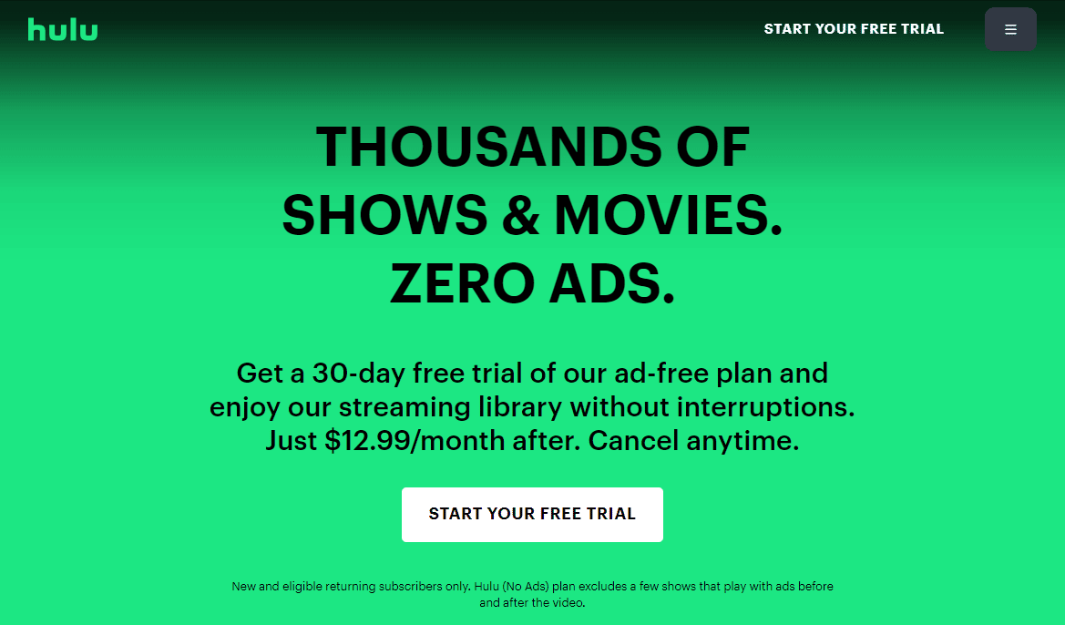 Hulu (No Ads) page