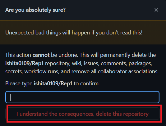 I understand the consequences, delete this repository option GitHub