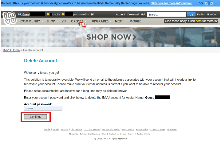 IMVU delete account enter-account-password-click-on-continue