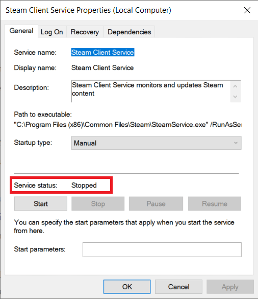 If it reads Started, click on the Stop button | Fix Steam Service Errors when launching Steam