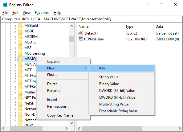 매개변수 폴더를 찾을 수 없으면 MSMQ를 마우스 오른쪽 버튼으로 클릭하고 새 키를 선택합니다.