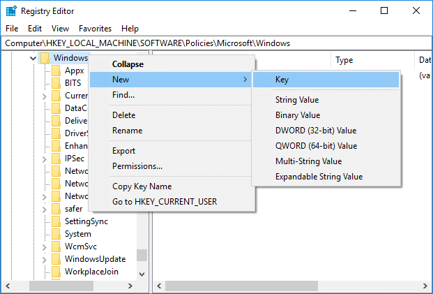 If you can't find Windows Search then right-click on Windows then select New & then Key