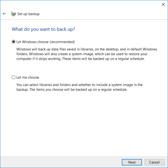 If you do not want to choose what to back up then select Let Windows choose