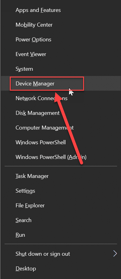 Hapni menunë e dritares përmes tastit të shkurtores "Windows + x". Tani zgjidhni menaxherin e pajisjes nga lista.