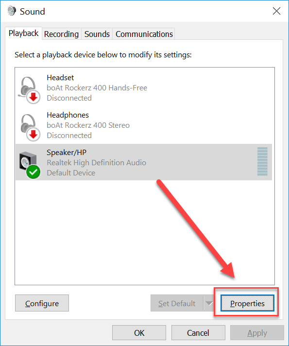 This will open the sound wizard. Select the audio device and then click on “Properties”.