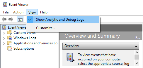 In Event Viewer select View and then click on Show Analytic and Debug Logs
