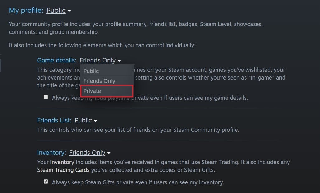 In My profile page, change game details from friends only to private