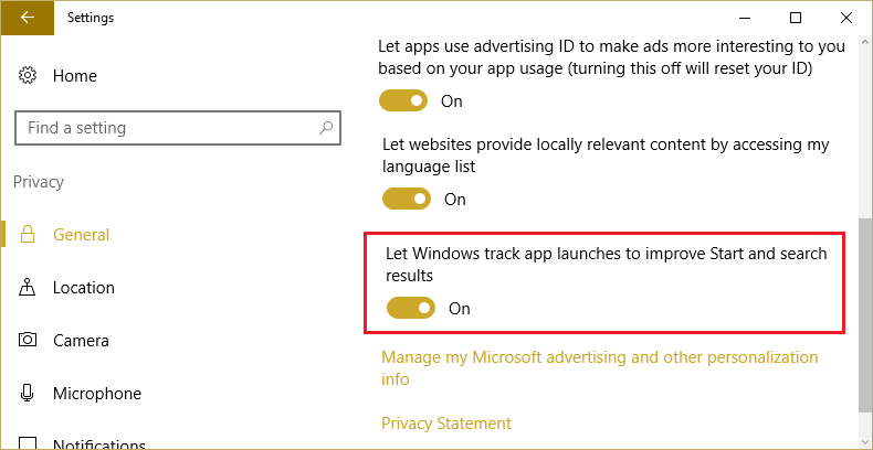In Privacy make sure to turn on the toggle for Let Windows track app launches to improve Start and search results