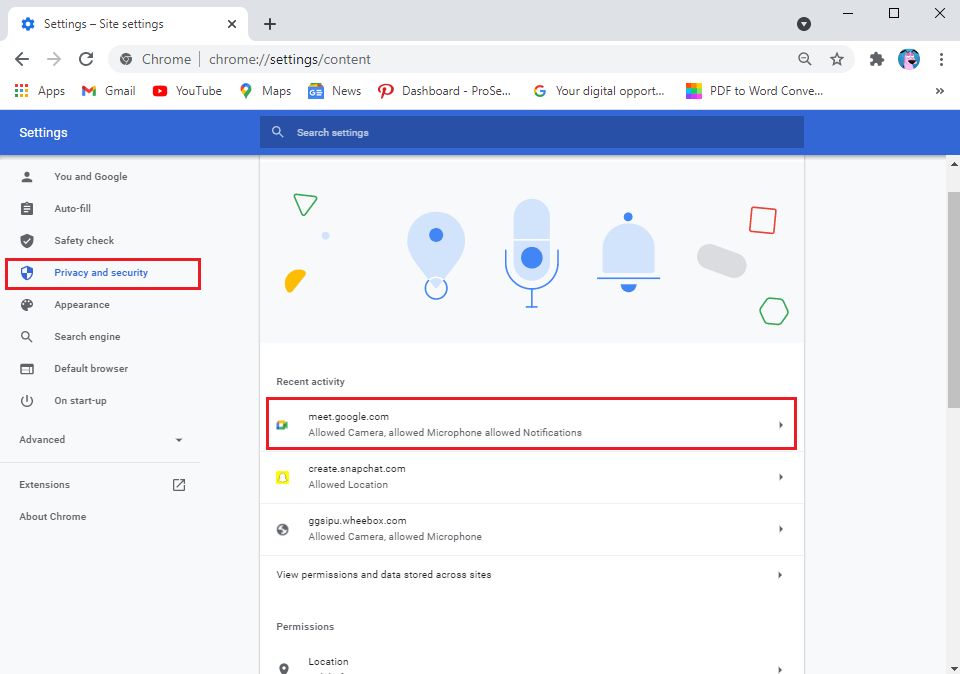 In Site settings, click on meet.google.com.