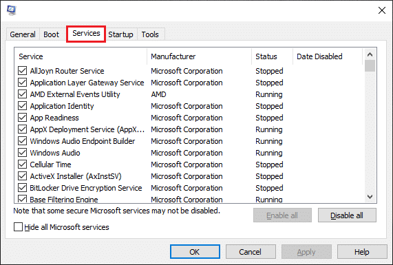 In System Configuration window, click on the ‘Services’ tab