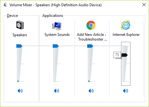 ในแผง Volume Mixer ตรวจสอบให้แน่ใจว่าไม่ได้ตั้งค่าระดับเสียงของ Internet Explorer เป็นปิดเสียง