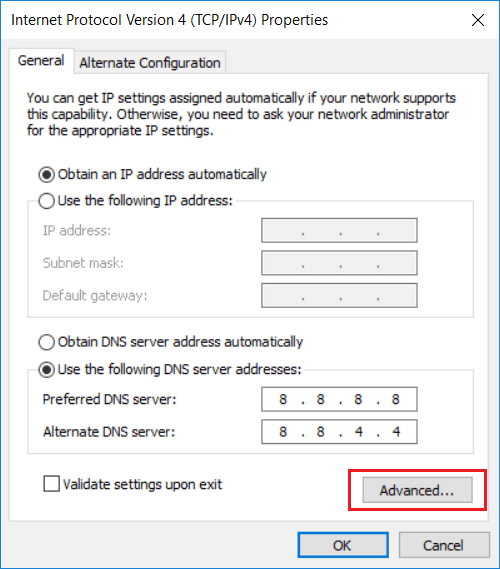 In case you want to add more than two DNS servers then click on Advanced button