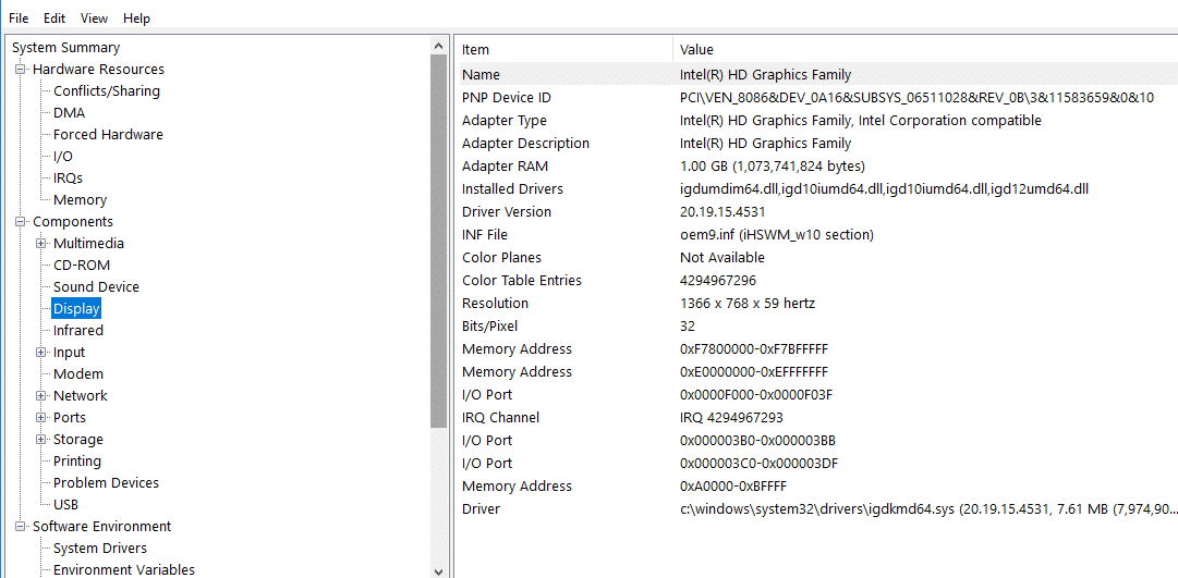 In system summary you can find Display under Components | Check Your PC's Specification
