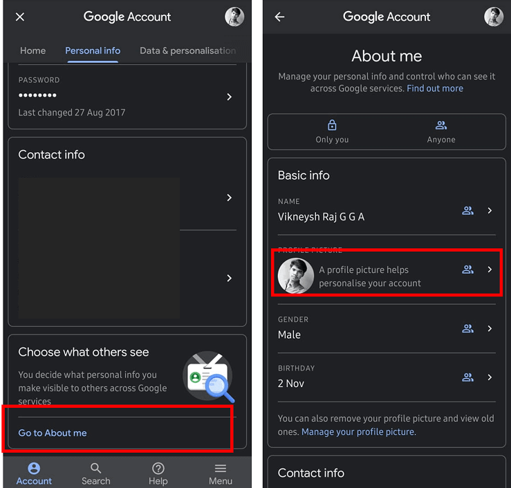 In the About me section, tap on the section named PROFILE PICTURE | How to Remove Google or Gmail Profile Picture