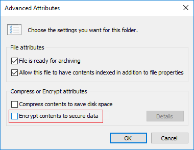 In the Advanced Attributes window, you will be able to checkmark Encrypt contents to secure data