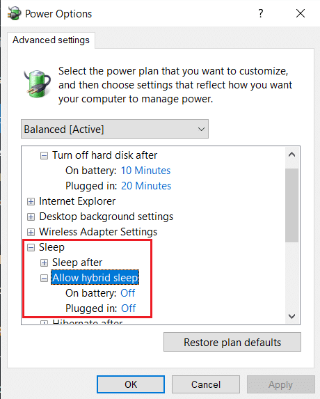 In the Advanced Settings expand the Sleep option then expand Allow hybrid sleep, turn Off for both on battery and plugged in options for Power Option window