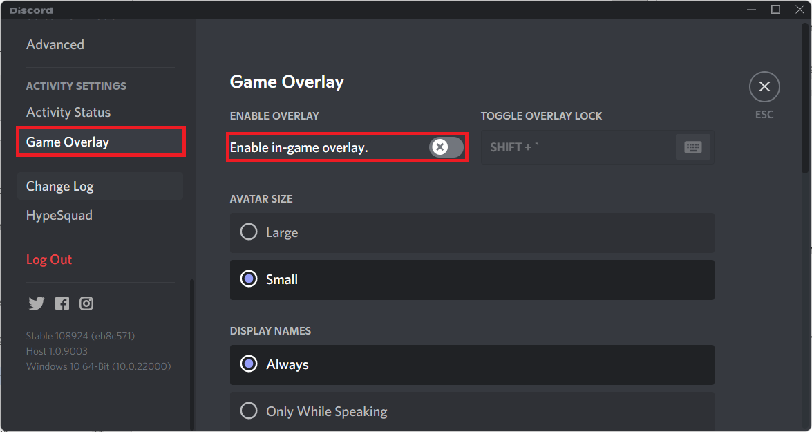 In the Advanced Settings, go to Game Overlay settings and switch Off toggle for Enable in game overlay in Discord. Fix Halo Infinite Customization Not Loading in Windows 11