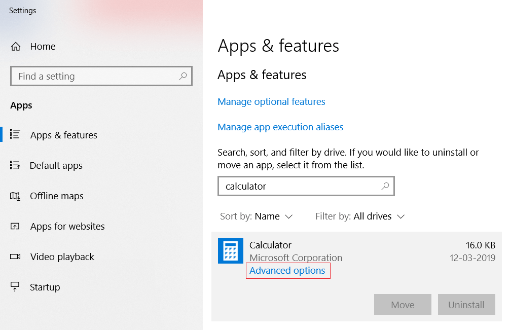 In the Apps & features window, search for the Calculator in the list | Fix Calculator Missing or Disappeared