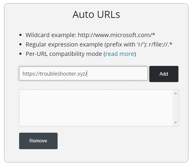In the Auto URLs section add the URL of the website