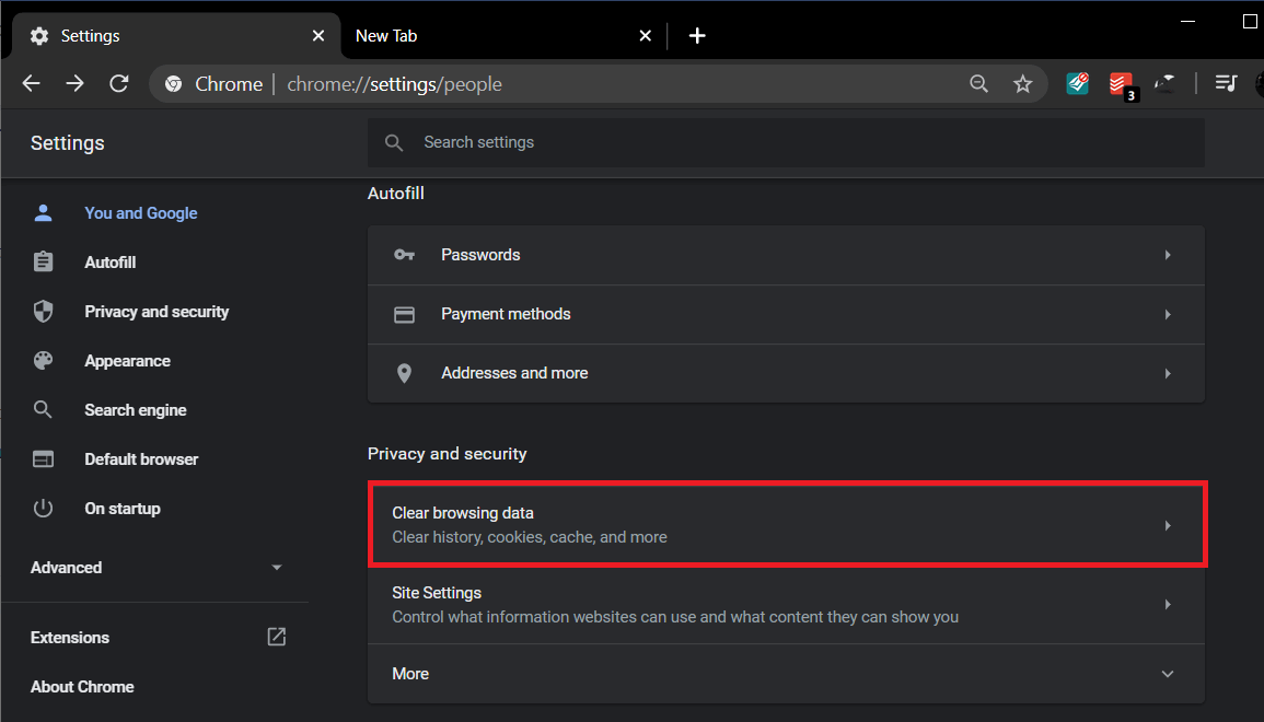 In the Chrome Settings, under Privacy and Security label, click on Clear browsing data