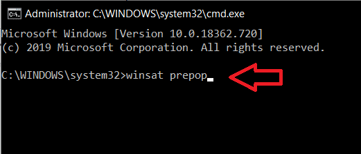 In the Command Prompt window, type ‘winsat prepop’ and hit enter