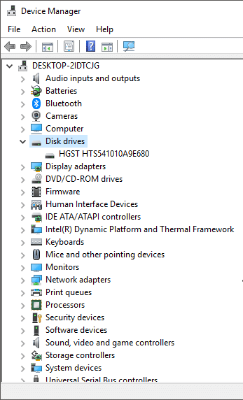 In the Device Manager window, click on ‘Disk drives’ to expand it