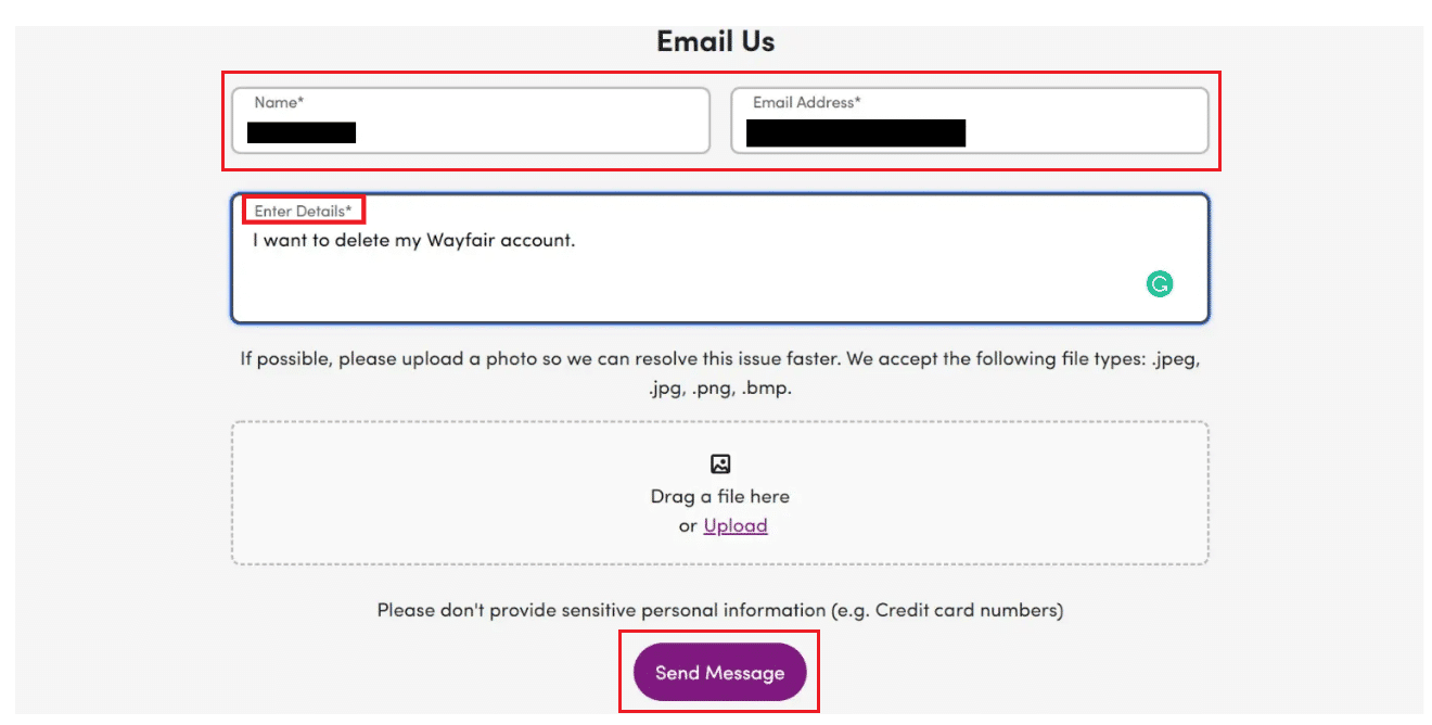 In the Enter Details field, type a deletion request and click on Send Message | How to Get Rid of Wayfair Professional | cancel Wayfair Pro