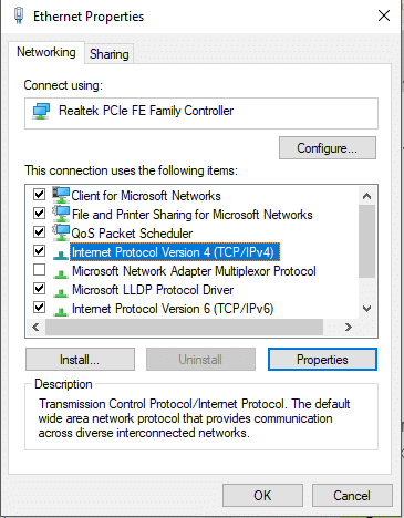 In the Ethernet Properties window, click on Internet Protocol Version 4