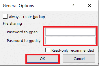 In the General Options tab leave the password to open and password to modify field empty and click on OK