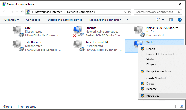 In the Network Connections window, right click on the connection want to fix the issue