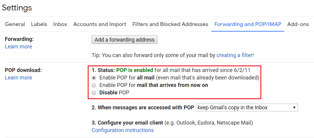 In the POP download block select Enable POP for all mail