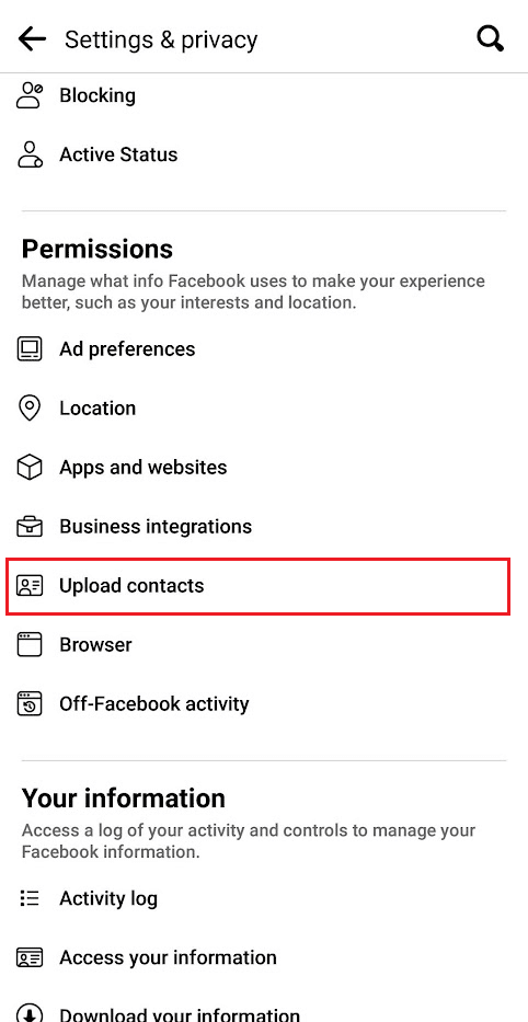 In the Permissions section, tap on Upload contacts