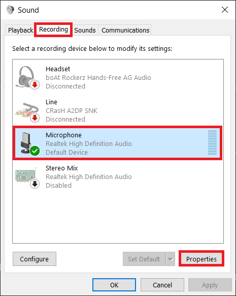 In the Recording tab, select your microphone and click on the Properties button