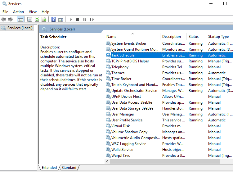 In the Service windows that opens up, search for Task Scheduler service