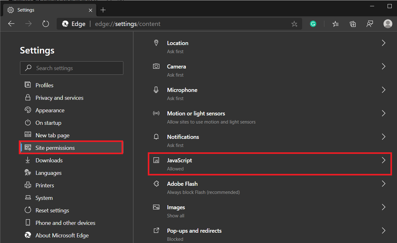 In the Site permissions menu, locate JavaScript, and click on it