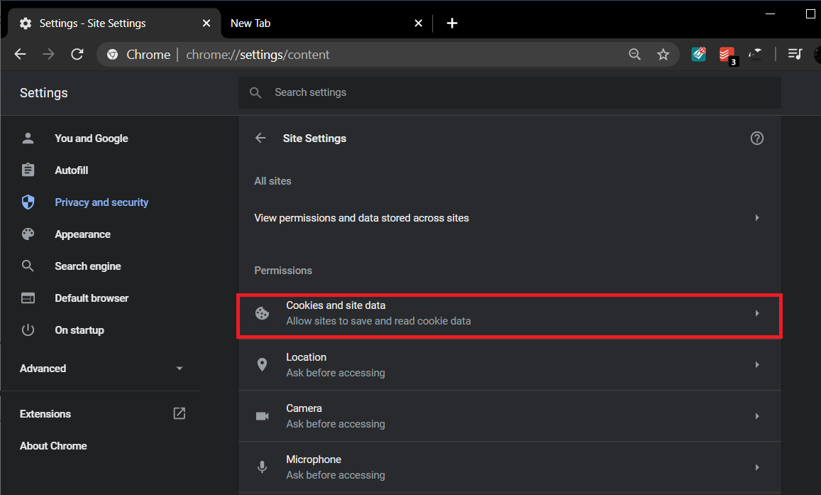 In the Site/Content Settings menu, click on Cookies and site data