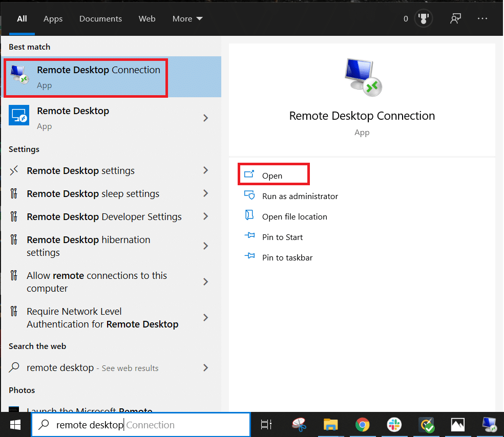 In the Start Menu Search field, type ‘Remote Desktop Connection’ and open