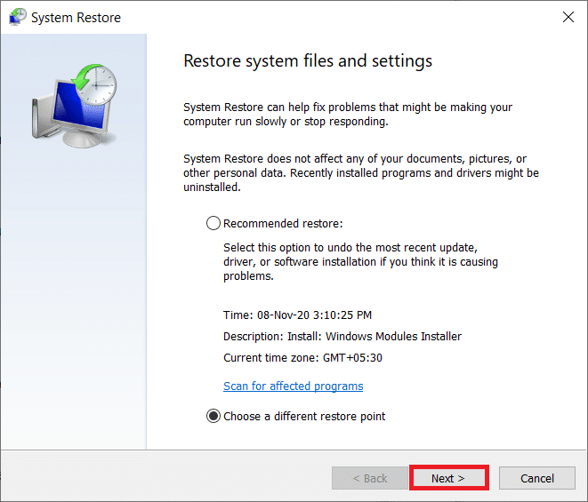 In the System Restore window, click on the Next