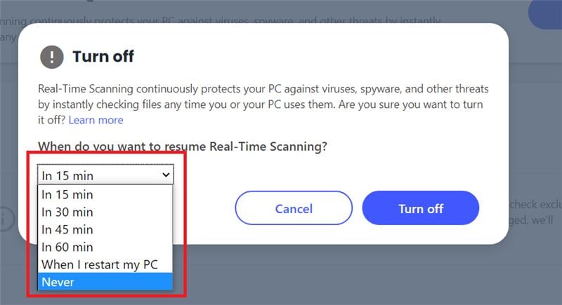 In the When Do You Want to Resume Real-Time Scanning drop-down box, choose an option