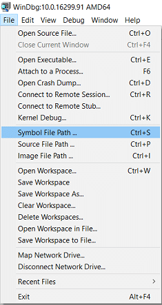 In the WinDBG panel click on File then select Symbol File Path