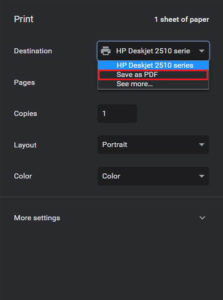 In the destination menu, select save as PDF 