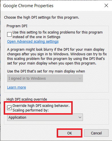 In the following window, check the box next to Override high DPI scaling behavior