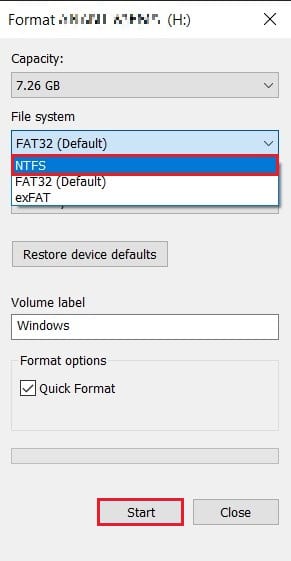 Formatavimo lange pakeiskite failų sistemą į NTFS
