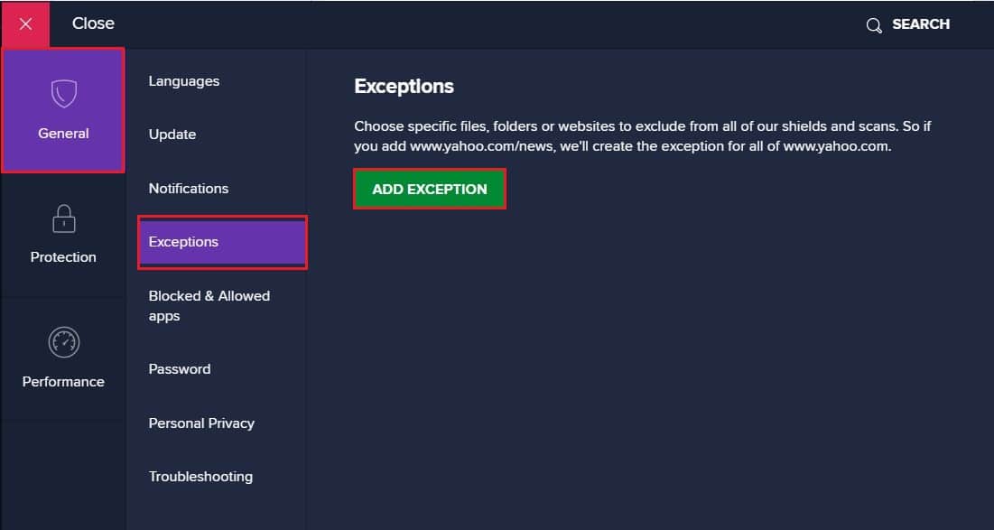 In the general category, select exceptions and click on add exceptions