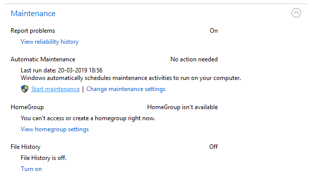 In the maintenance block, click on ‘Start maintenance’.