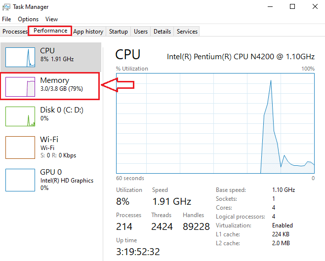 In the performance tab, you have to click on memory | Check If Your RAM Type Is DDR3, Or DDR4 in Windows 10