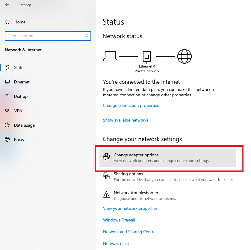 In the settings app that opens, click on Change adapter options in the right pane.