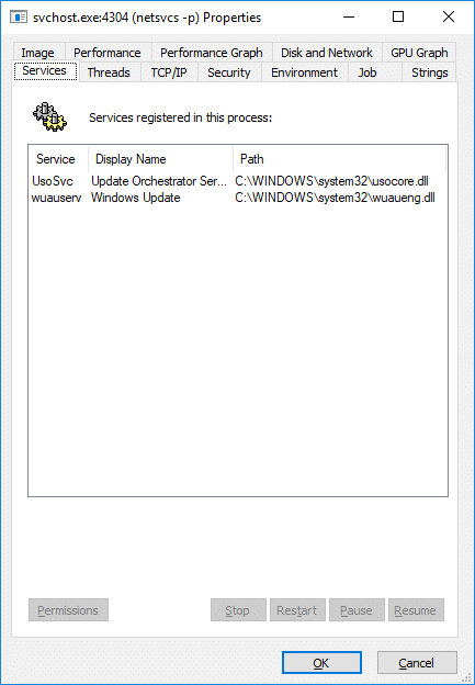 In the svchost.exe properties window, switch to Services tab